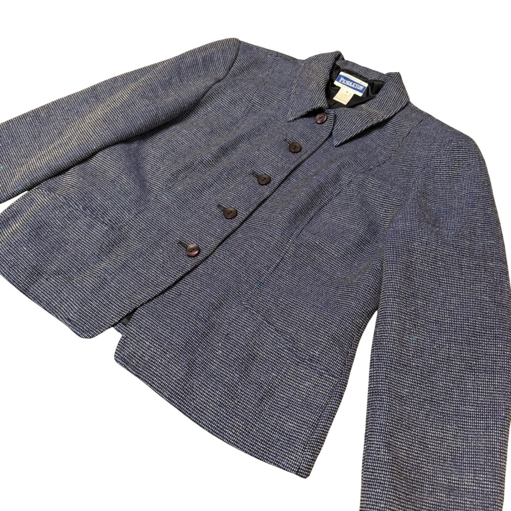 VTG Pendleton Wool Blazer Jacket Size 14 Petite Blue Tweed Button Front USA Made
